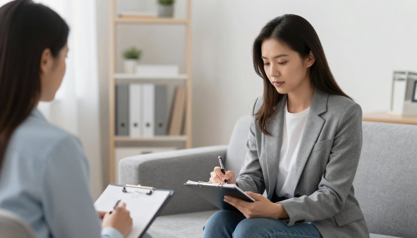 Counselor taking notes while meeting with a client in a calm and welcoming therapy room.