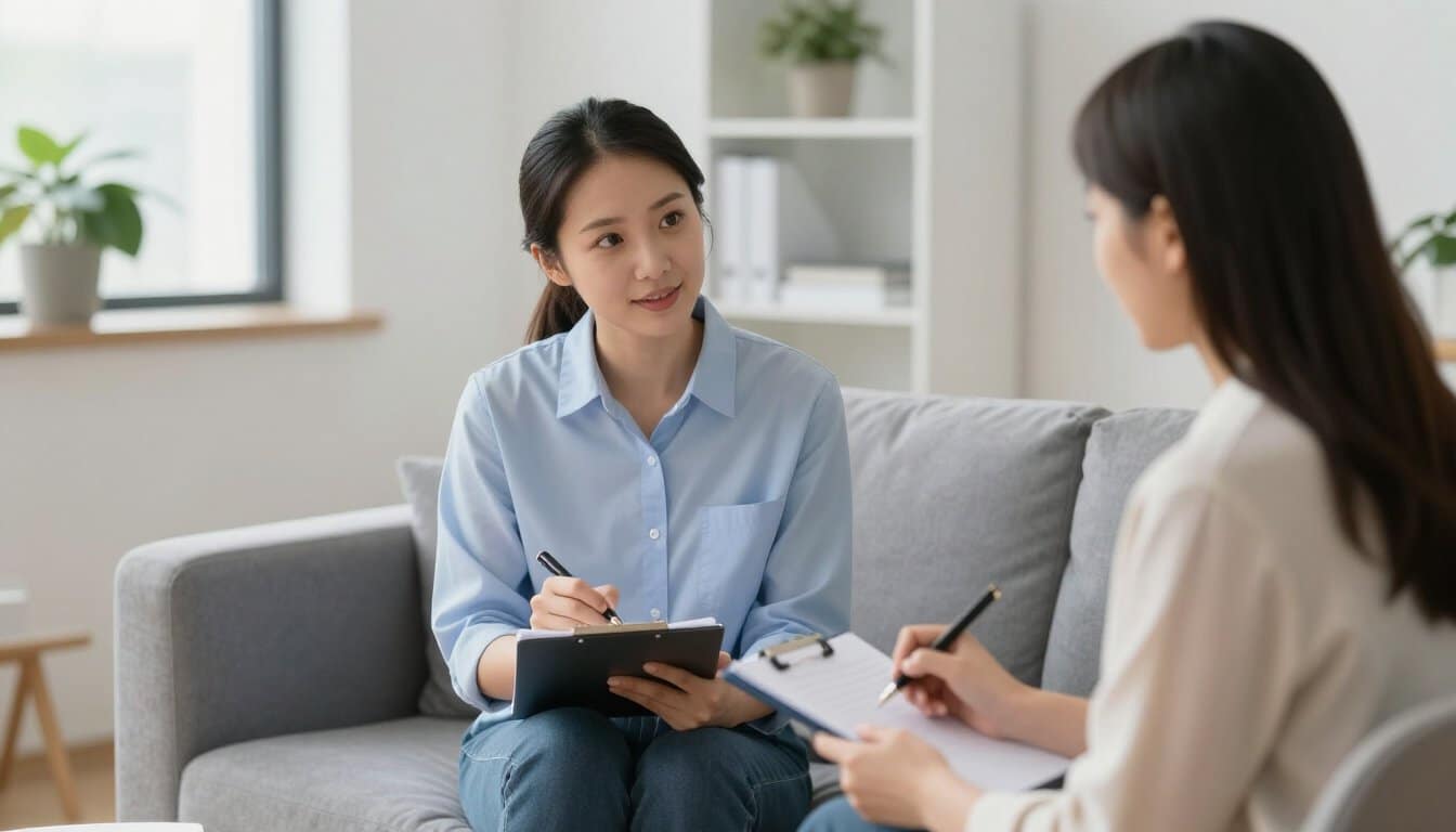 Therapist writing notes during a private counseling session in a modern, professional office.
