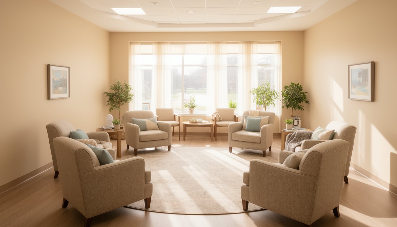 Bright outpatient therapy room with comfortable armchairs arranged in a circle