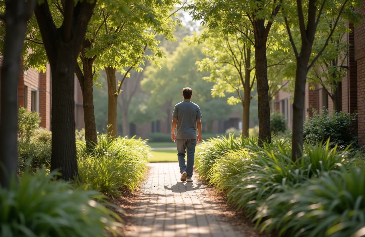 Barefoot person moving down a softly lit hallway at an intensive outpatient program center