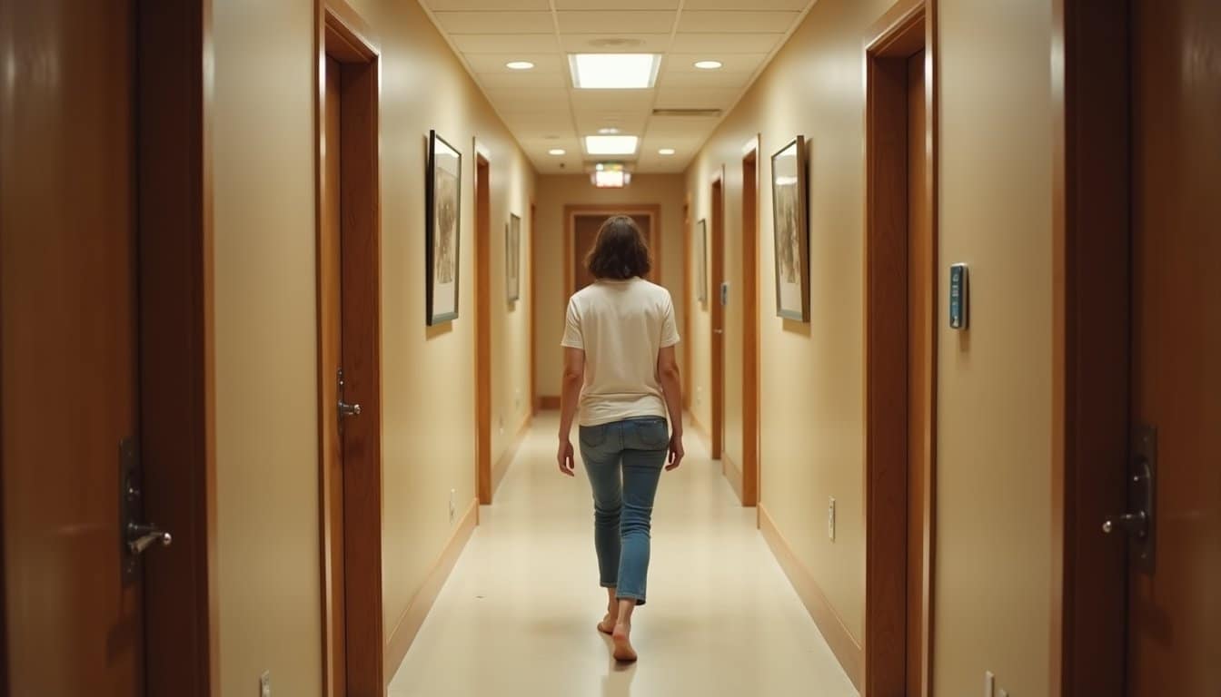 Barefoot person walking down a quiet corridor inside an intensive outpatient program center