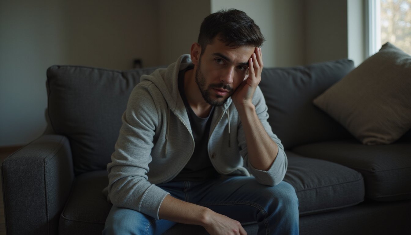Man sitting on a sofa with his hand against his head, looking distressed.