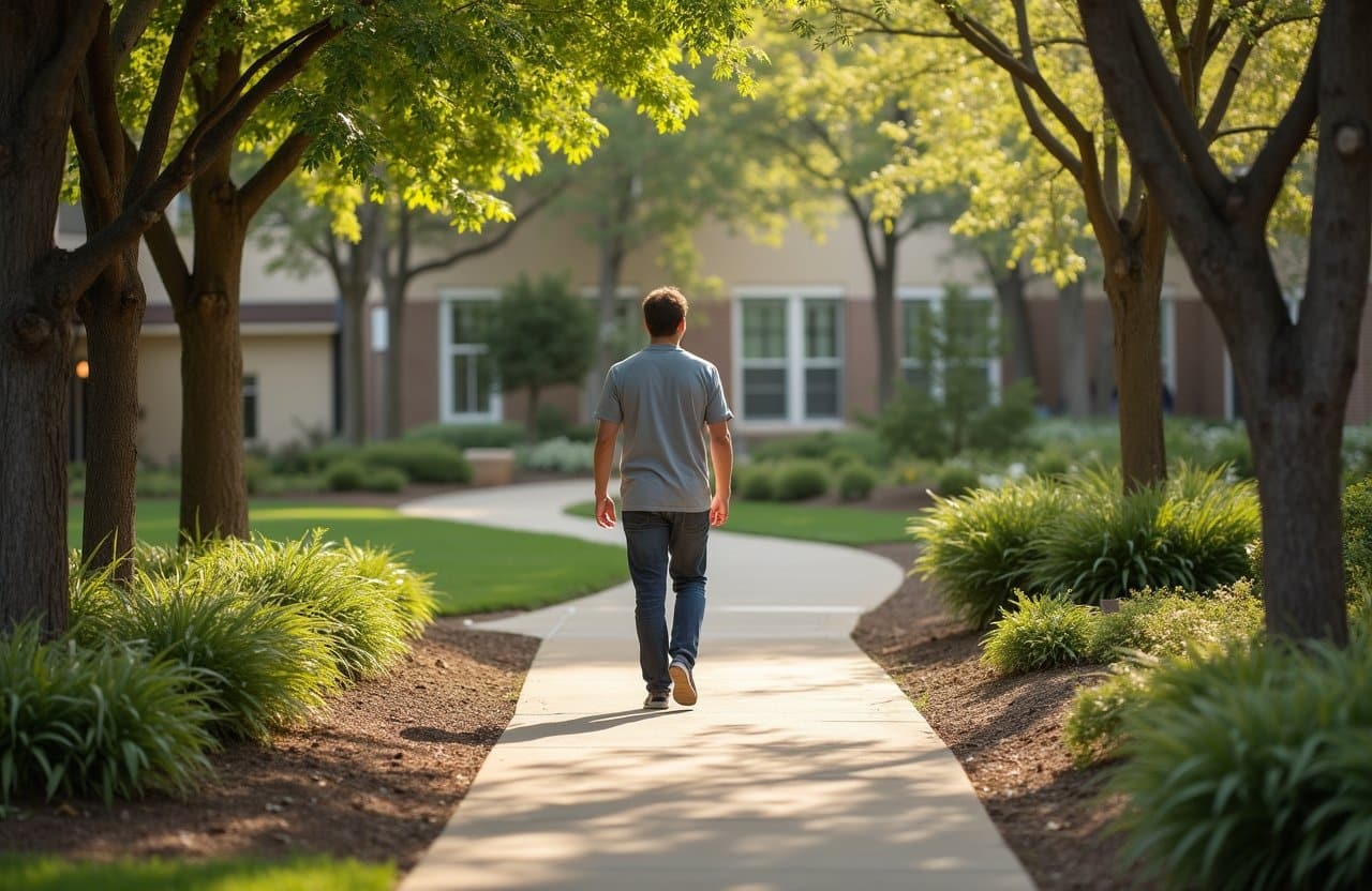 Barefoot person walking through a peaceful hallway at an intensive outpatient program facility