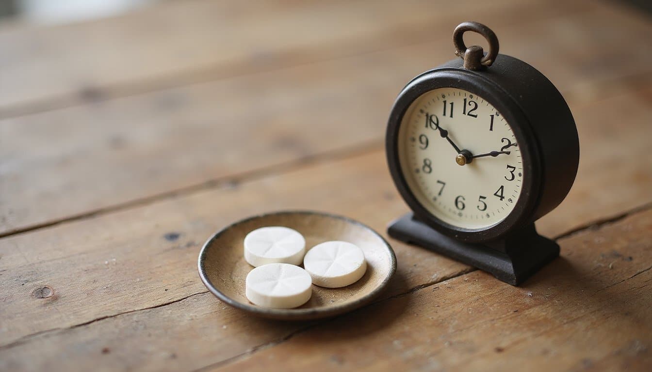 Analog clock and three white pills on a small dish on a wooden table.