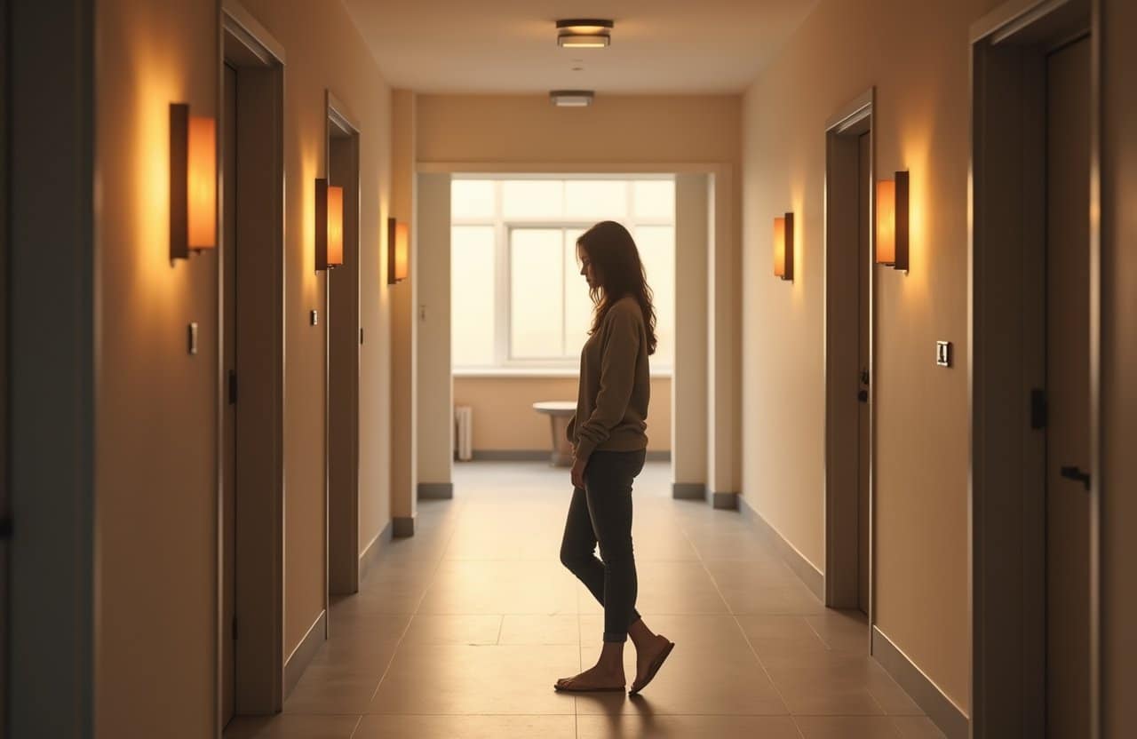 Person seen from behind walking down a quiet corridor at an intensive outpatient program
