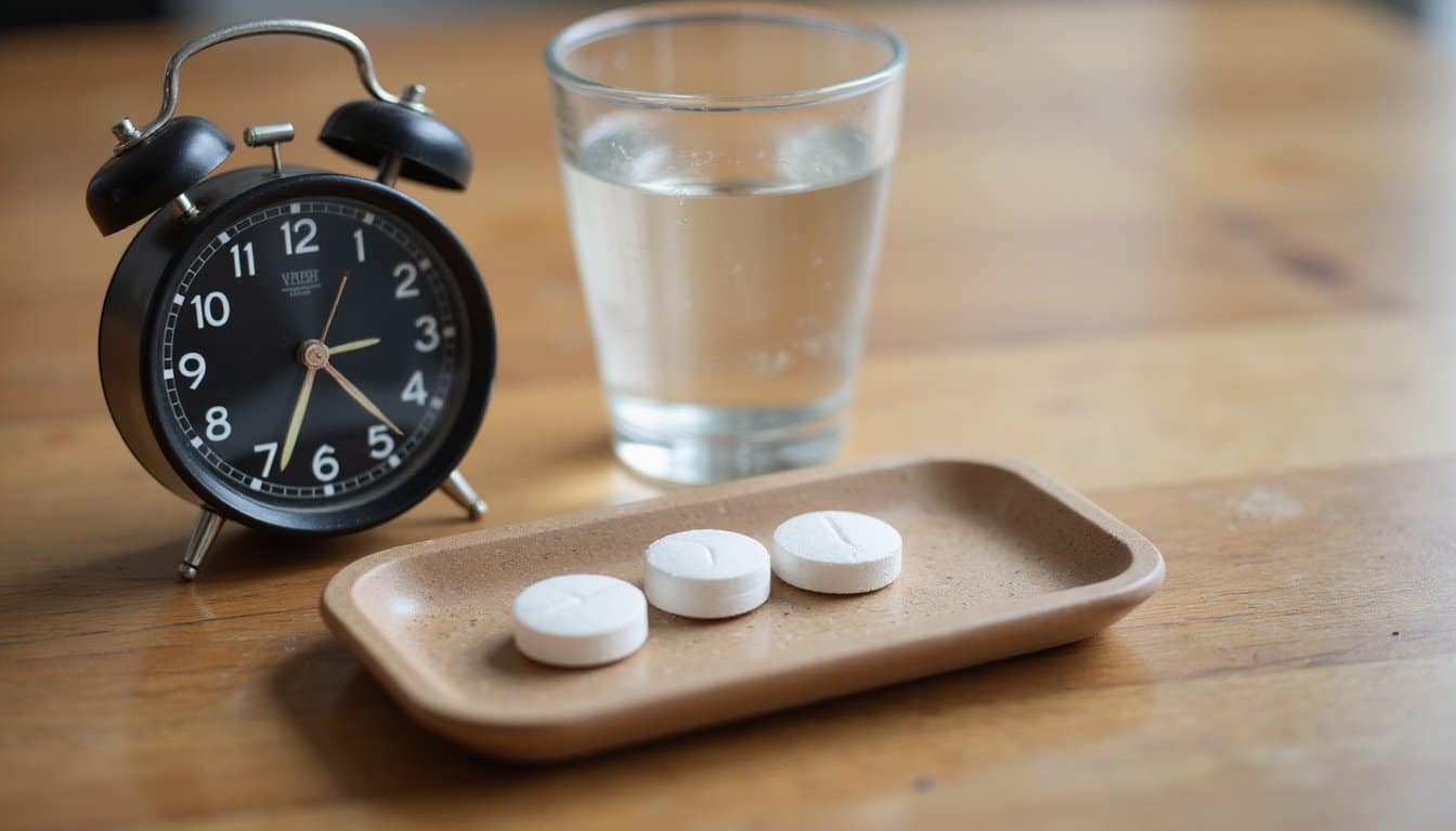 Analog alarm clock, glass of water, and three white pills on a small tray