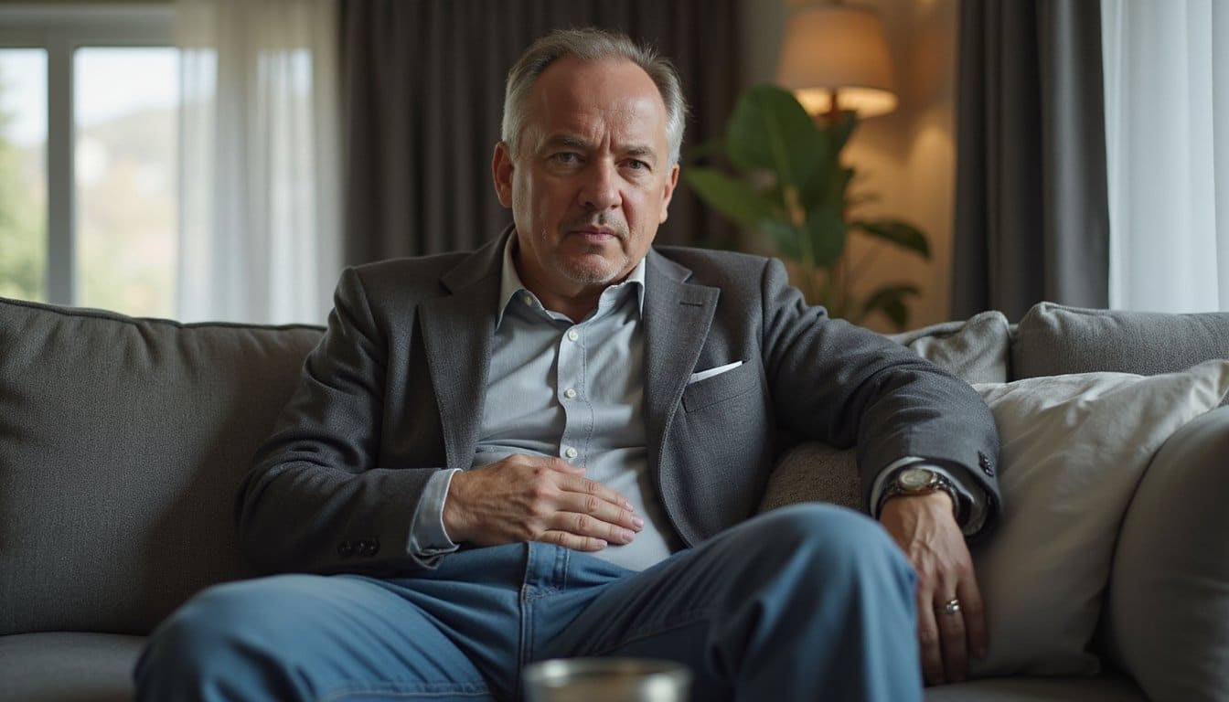 Man sitting on a sofa with his hand on his abdomen, serious expression,