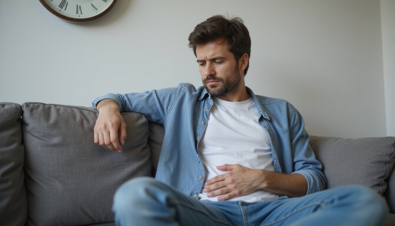 Man on sofa holding his abdomen, tired expression,