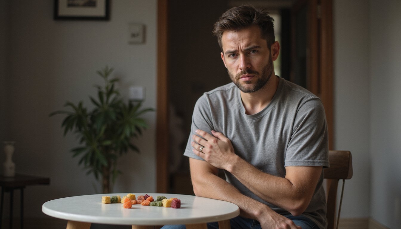 Man at table with gummies, uneasy expression.