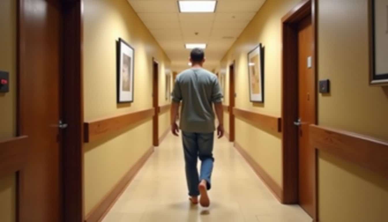 Person walking slowly down a softly illuminated hallway at an intensive outpatient program