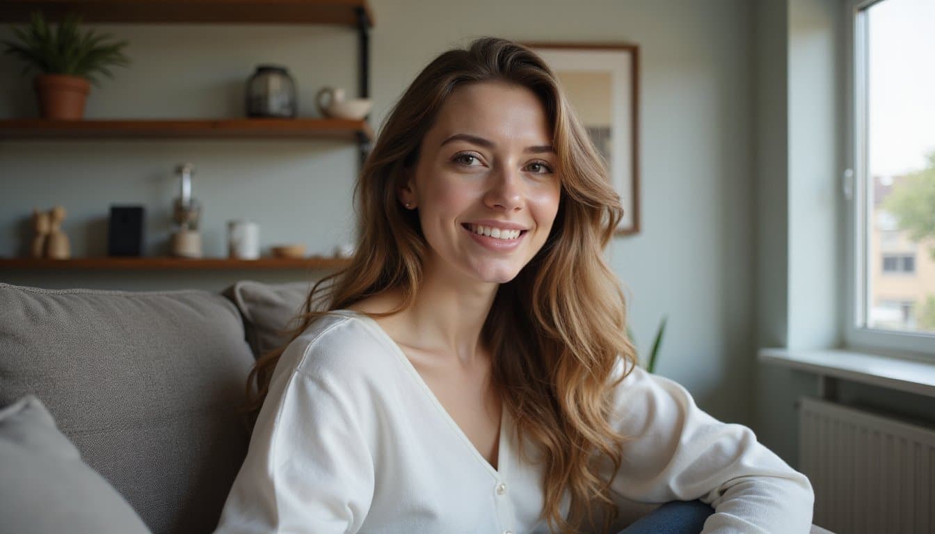 A person seated on a sofa in an indoor home living room with a peaceful facial expression,