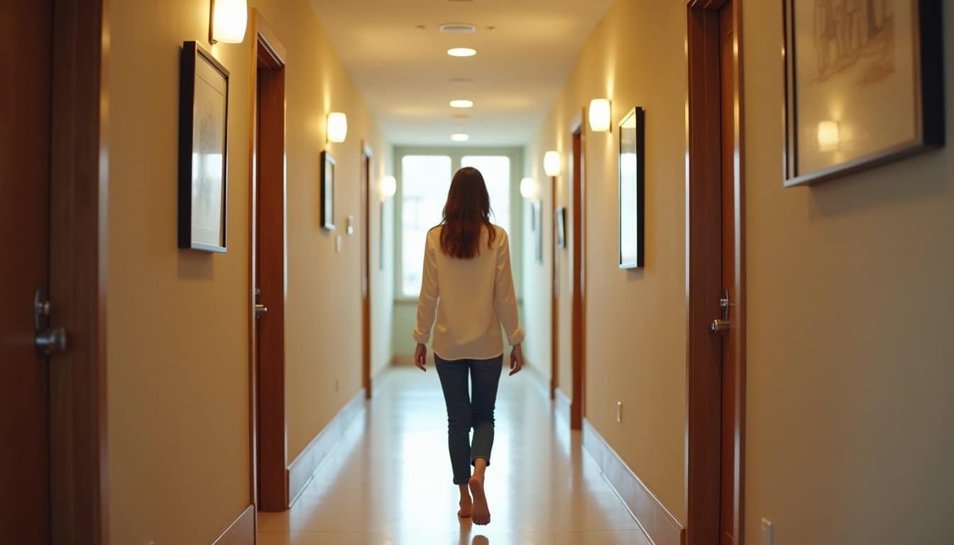 Barefoot person walking toward the end of a hallway at an intensive outpatient program