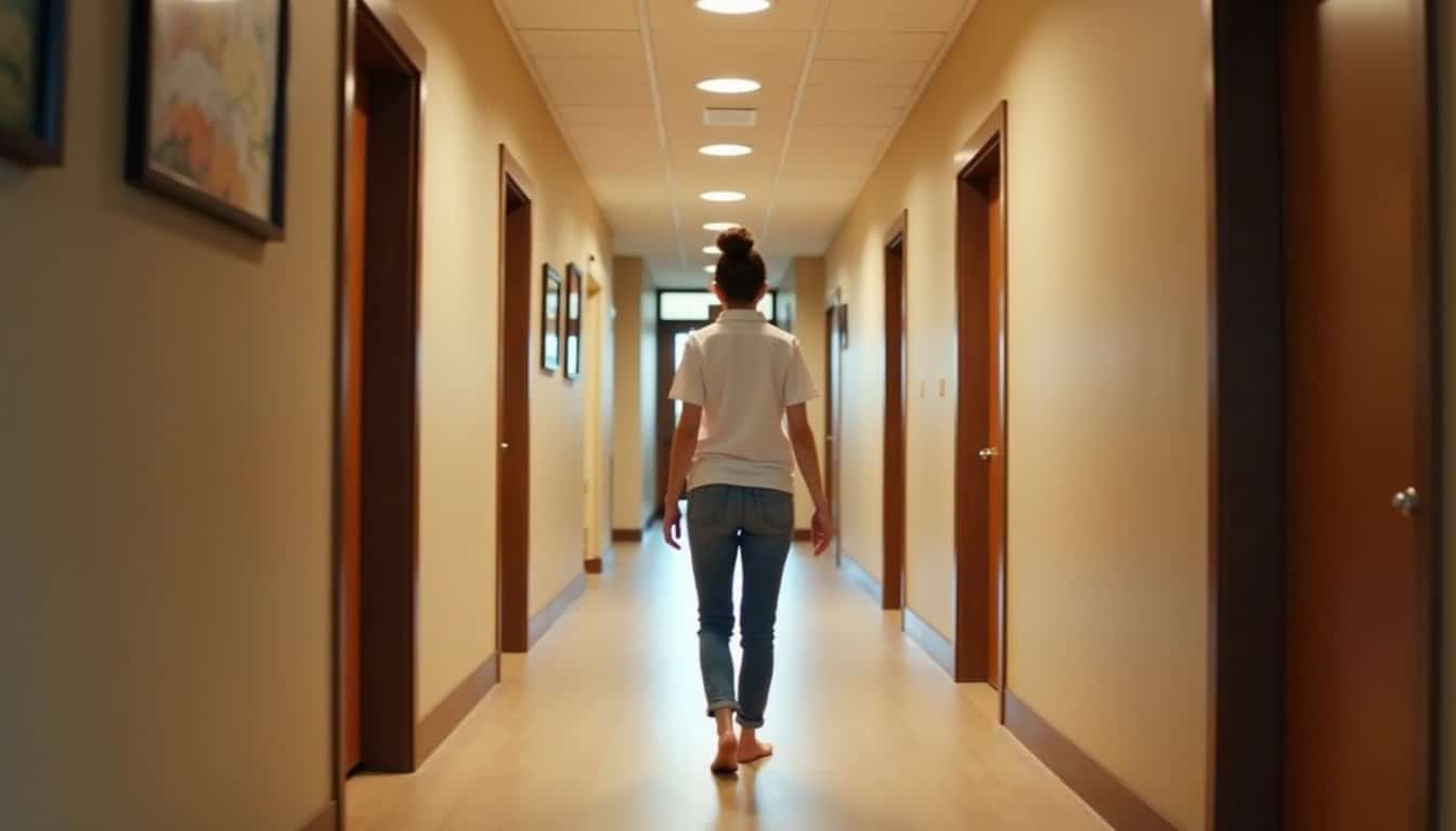 Person walking through a modern hallway with artwork at an intensive outpatient program